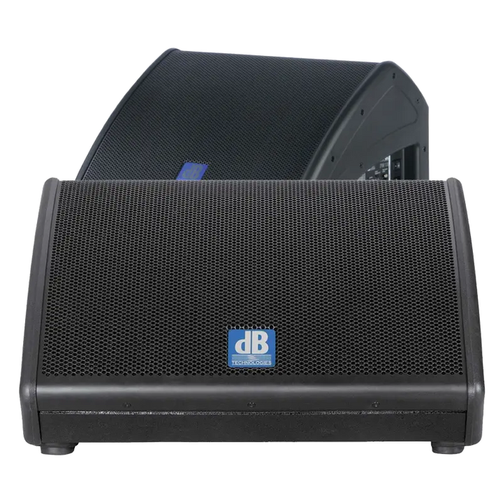 Pair of dBTechnologies Flexys FMX12 active coaxial stage monitors showing the low-profile wedge design
