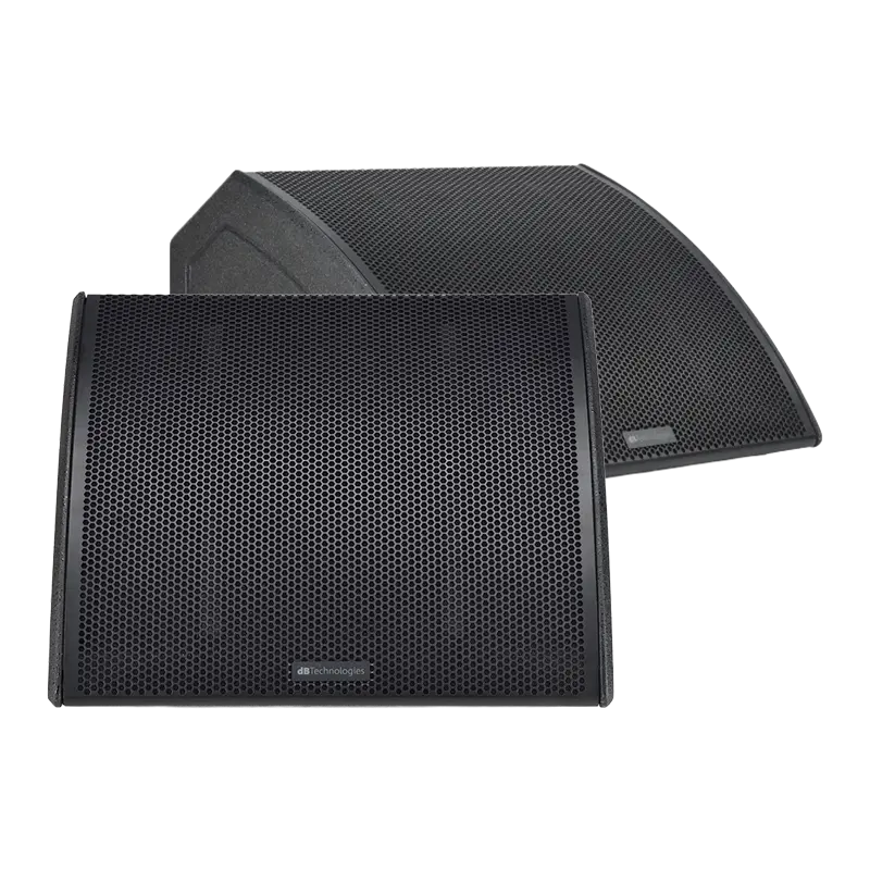 Pair of dBTechnologies Flexys FMX15 active coaxial stage monitors showing the low-profile wedge design