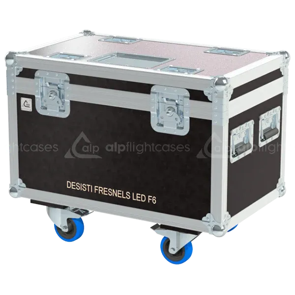 Professional flight case front view, featuring durable construction and high-quality hardware for 2x Desisti Fresnels LED F6 by ALP Flight Cases.