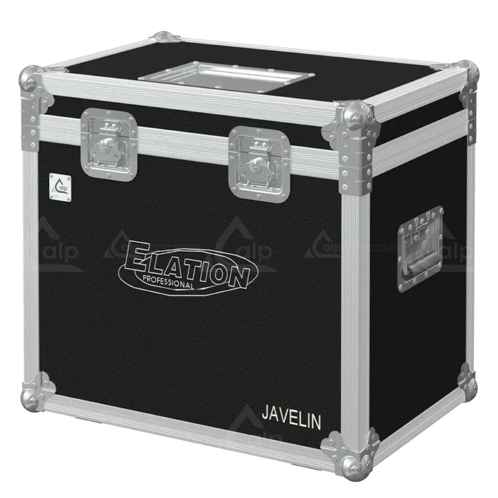 Professional flight case front view, featuring durable construction and high-quality hardware for 2x Elation Javelin by ALP Flight Cases.