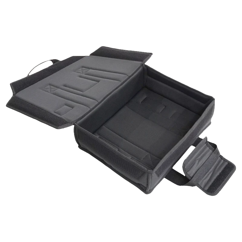 View of the open protective bag without the equipment, highlighting the 11mm foam padding and 50mm Velcro closure