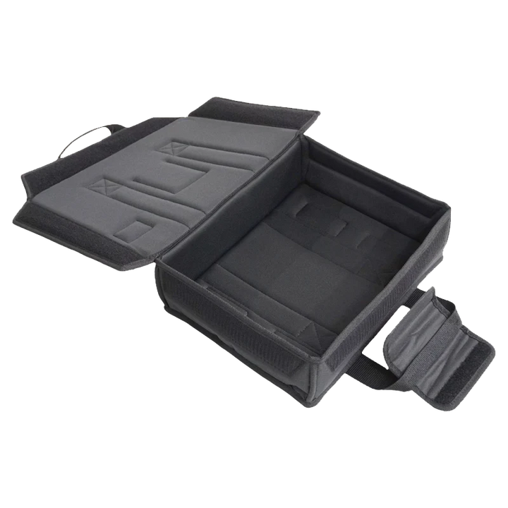 View of the open protective bag without the equipment, highlighting the 11mm foam padding and 50mm Velcro closure