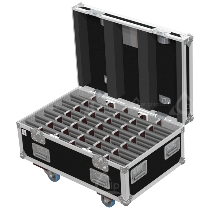 Twelve K&M 260 microphone stands securely stored in custom foam inside professional transport flight case
