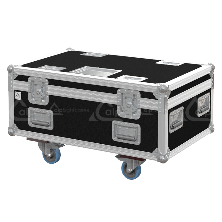 Front view of custom flight case for 12 K&M 260 microphone stands with professional protective construction