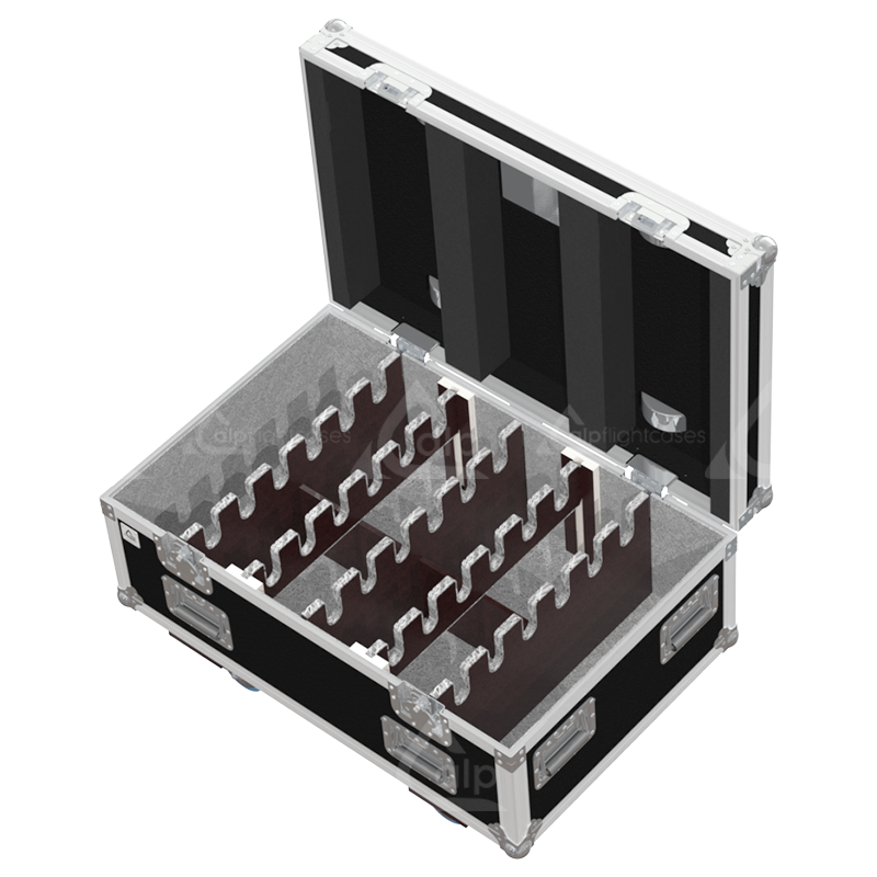 Empty interior of flight case showing precision compartments for 12 K&M 260 microphone stands