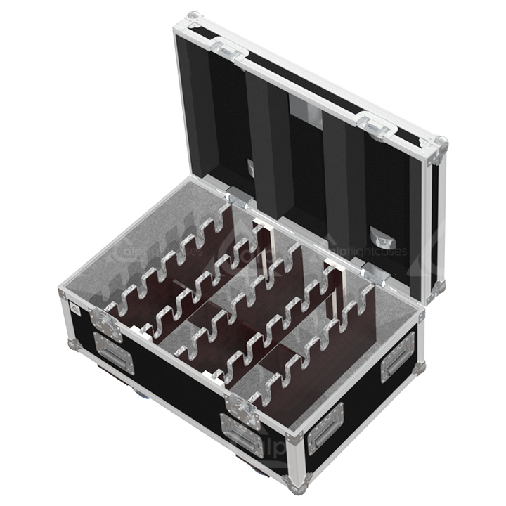 Empty interior of flight case showing precision compartments for 12 K&M 260 microphone stands