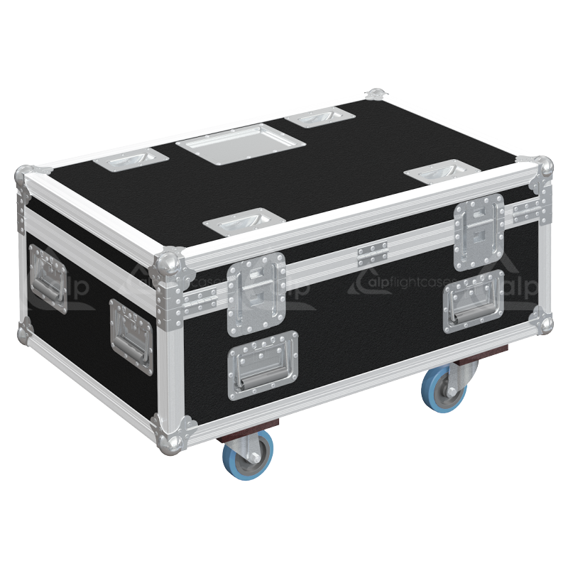 Rear view of road case for 12 K&M 260 mic stands showing reinforced hardware and birch plywood construction