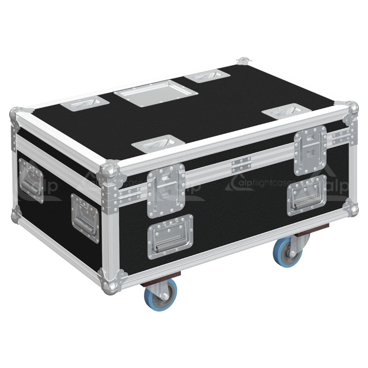 Rear view of road case for 12 K&M 260 mic stands showing reinforced hardware and birch plywood construction