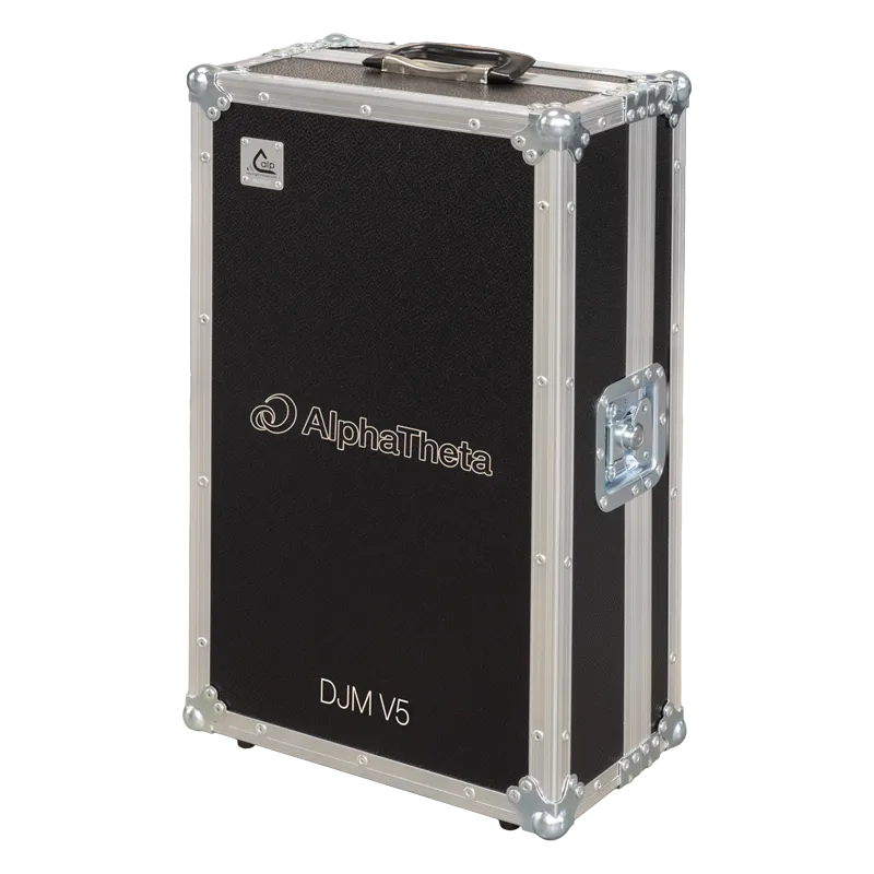 Front view of the professional flight case for AlphaTheta DJM-V5 6-channel mixer by ALP Flight Cases
