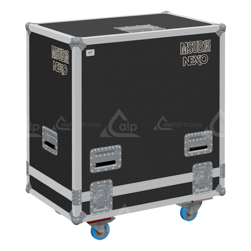 Front view of the professional touring flight case for 1x NEXO MSUB15 subwoofer by ALP Flight Cases