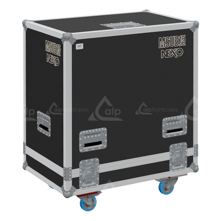 Front view of the professional touring flight case for 1x NEXO MSUB15 subwoofer by ALP Flight Cases