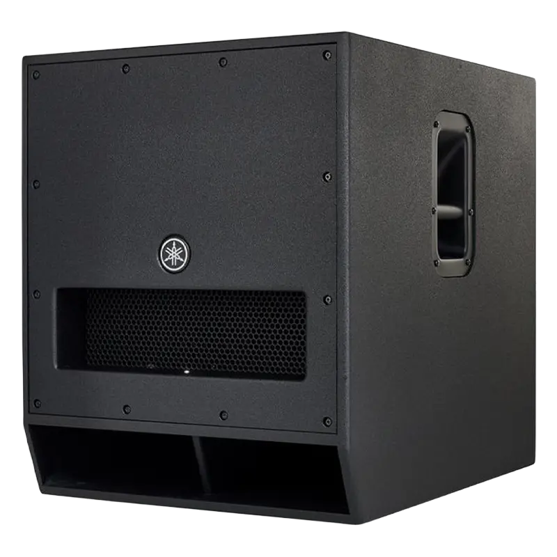 Flight case open showing one Yamaha DXS18 subwoofer securely nested in custom CNC foam inserts