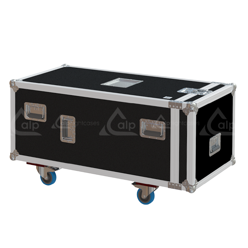 Front view of custom flight case for 20 microphone stands up to 1125mm height with professional protective construction