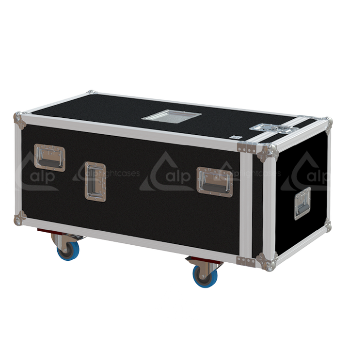 Front view of custom flight case for 20 microphone stands up to 1125mm height with professional protective construction
