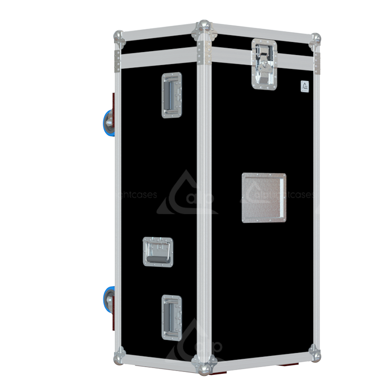 Front view of custom flight case for 20 microphone stands up to 1125mm height with professional protective construction