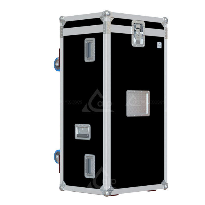 Front view of custom flight case for 20 microphone stands up to 1125mm height with professional protective construction