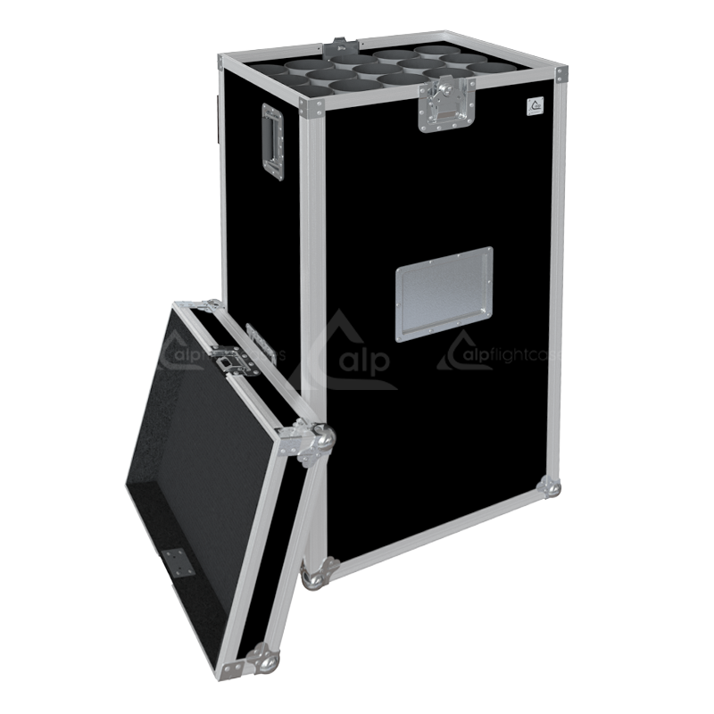 Empty interior of flight case showing precision compartments for 20 microphone stands up to 1125mm
