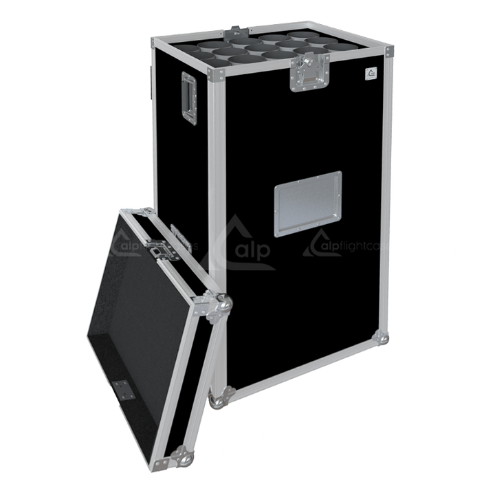 Empty interior of flight case showing precision compartments for 20 microphone stands up to 1125mm