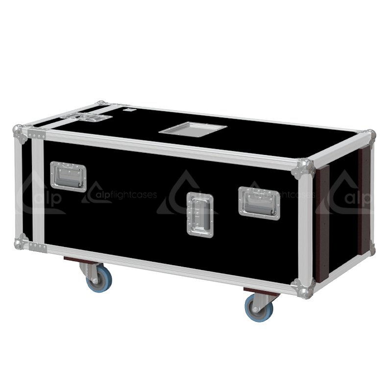 Rear view of road case for 20 microphone stands showing reinforced hardware and birch plywood construction