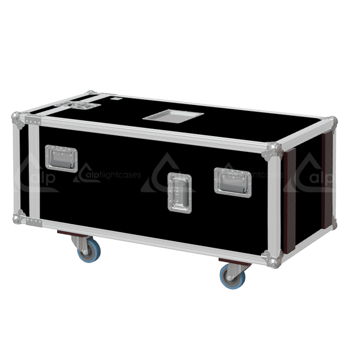 Rear view of road case for 20 microphone stands showing reinforced hardware and birch plywood construction