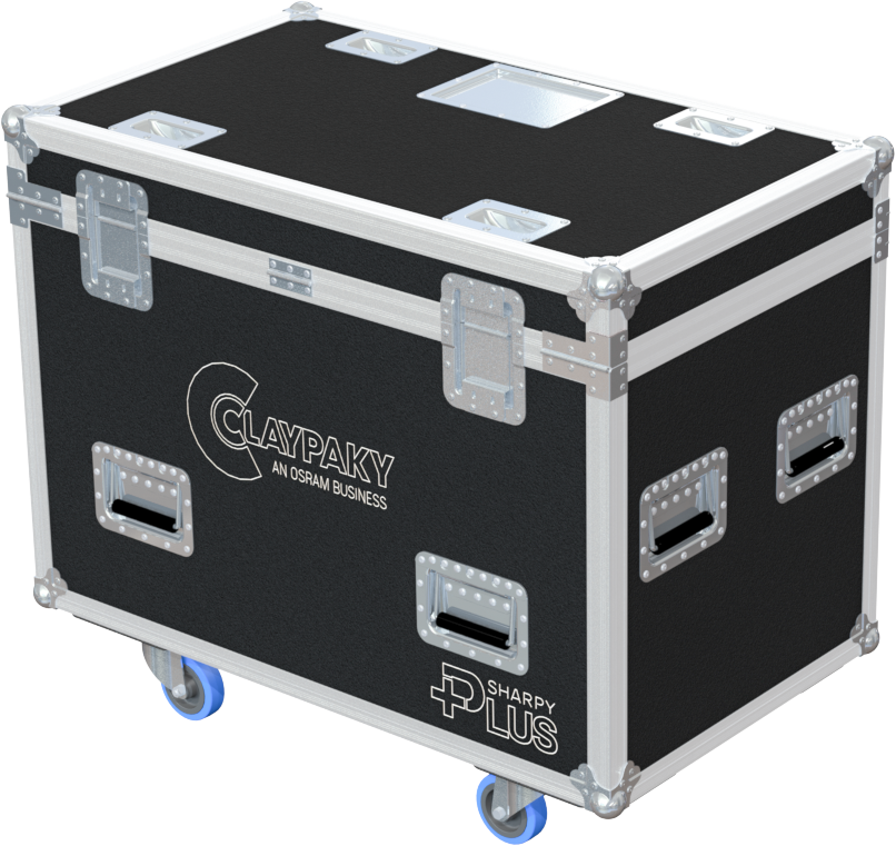 Rear view of the road case for Clay Paky Sharpy Plus showing heavy-duty hardware and 10mm birch plywood