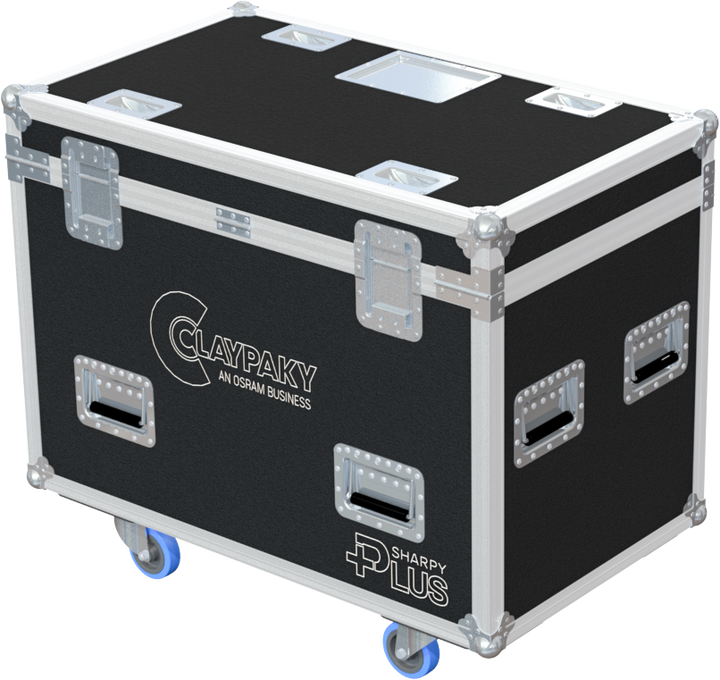 Rear view of the road case for Clay Paky Sharpy Plus showing heavy-duty hardware and 10mm birch plywood