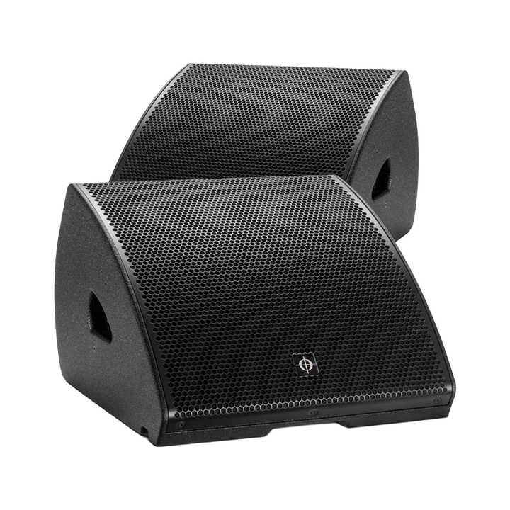 Flight case open showing two Coda Audio CUE TWO monitors securely nested in custom CNC foam inserts