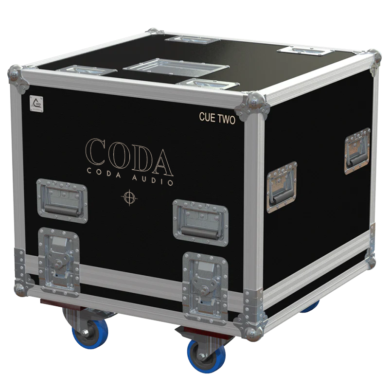 Front view of the professional flight case for 2x Coda Audio CUE TWO stage monitors by ALP Flight Cases
