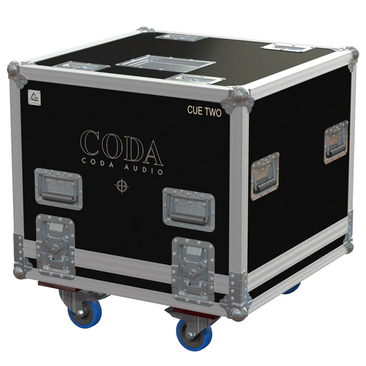 Front view of the professional flight case for 2x Coda Audio CUE TWO stage monitors by ALP Flight Cases