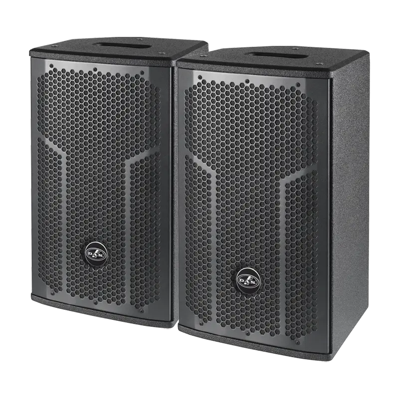 Flight case open showing two DAS Action-508 speakers securely nested in custom foam inserts