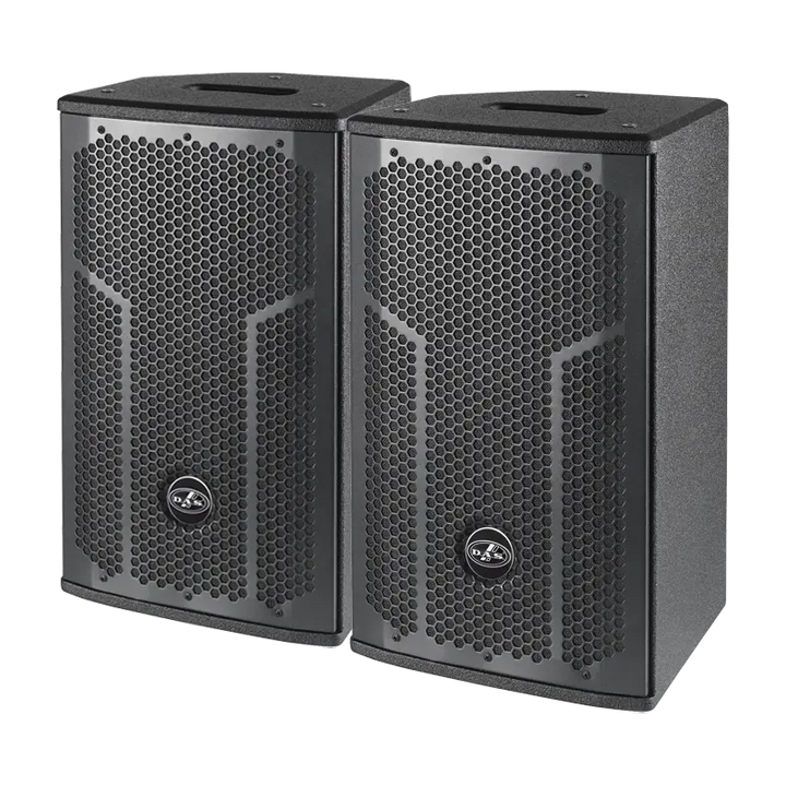Flight case open showing two DAS Action-508 speakers securely nested in custom foam inserts