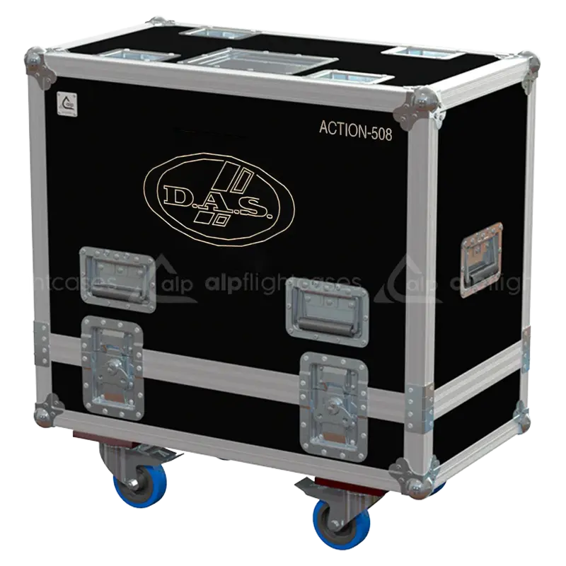 Front view of the professional flight case for 2x DAS Audio Action-508 speakers by ALP Flight Cases