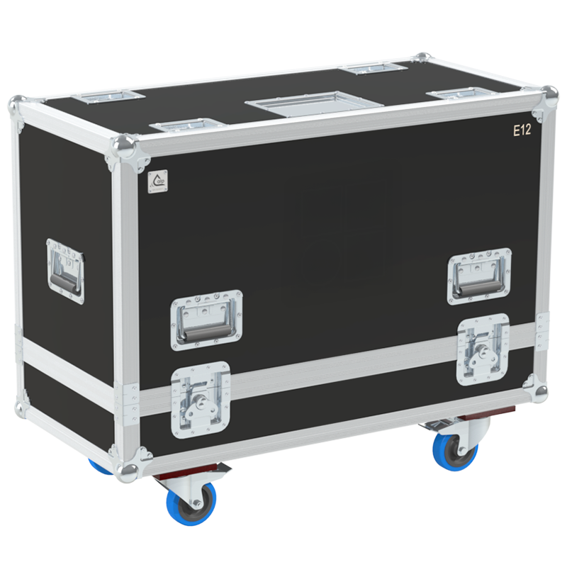Front view of the professional twin touring flight case for 2x d&b audiotechnik E12 speakers by ALP Flight Cases