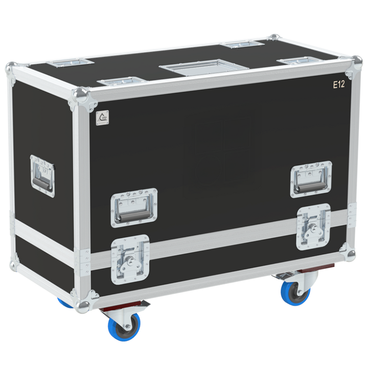 Front view of the professional twin touring flight case for 2x d&b audiotechnik E12 speakers by ALP Flight Cases