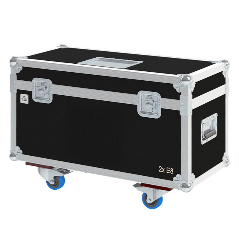 Front view of the professional twin touring flight case for 2x d&b audiotechnik E8 speakers by ALP Flight Cases