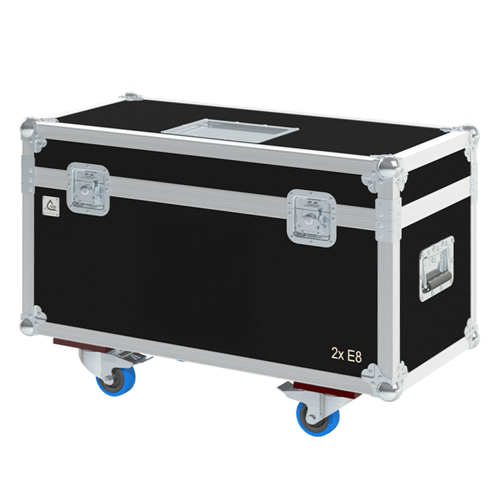 Front view of the professional twin touring flight case for 2x d&b audiotechnik E8 speakers by ALP Flight Cases