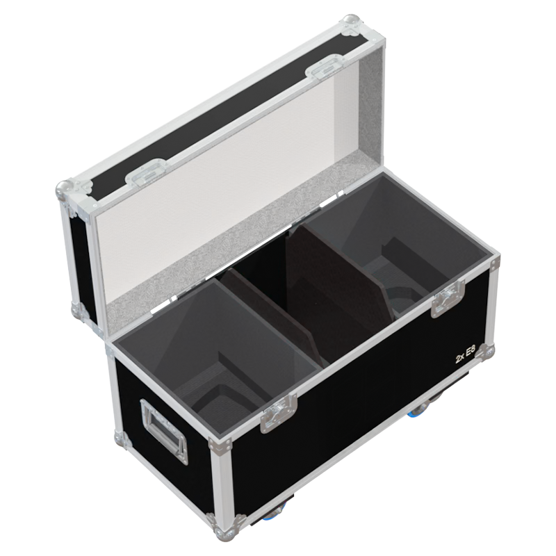 Empty interior of the flight case for 2x d&b E8 showing precision CNC-cut foam for high-density audio protection