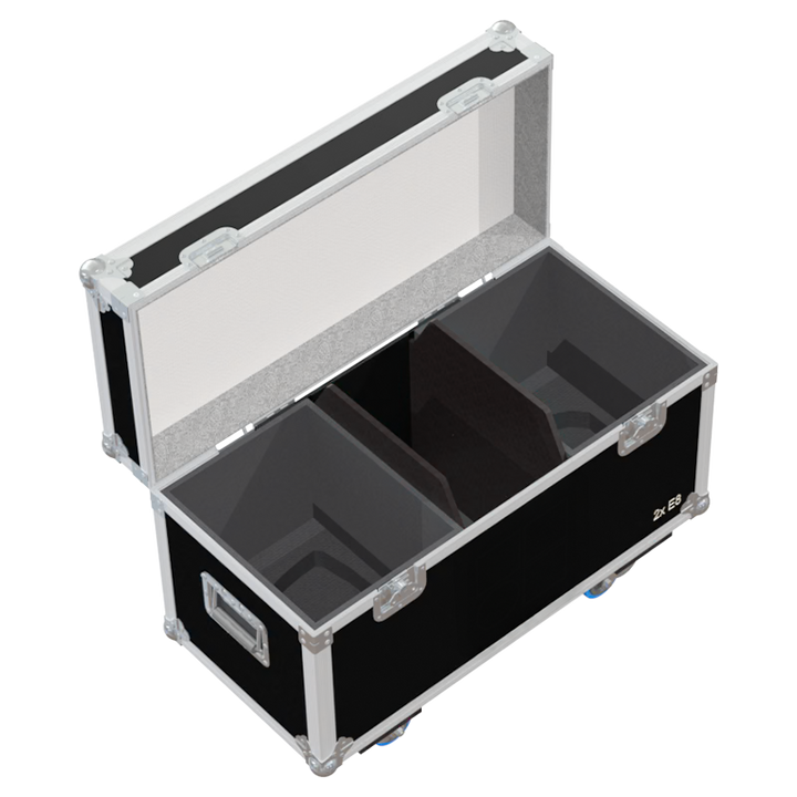 Empty interior of the flight case for 2x d&b E8 showing precision CNC-cut foam for high-density audio protection