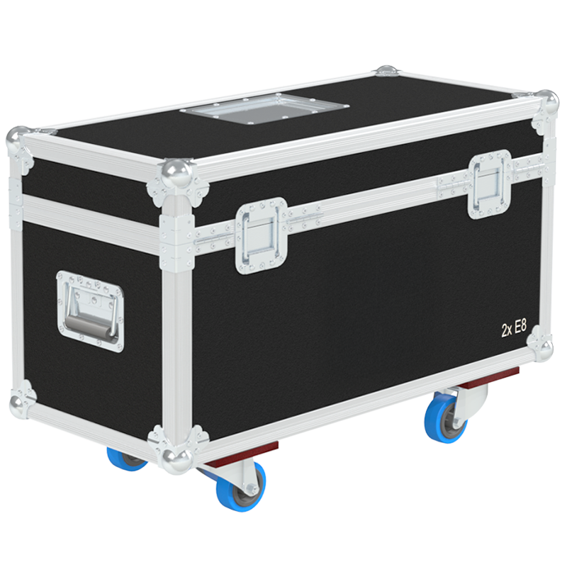 Rear view of the road case for d&b E8 showing heavy-duty hardware and 10mm birch plywood construction