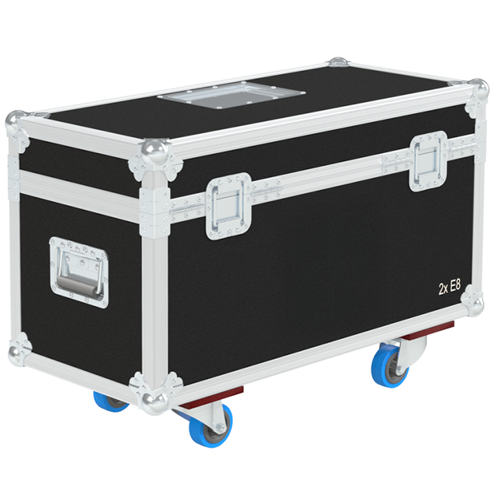 Rear view of the road case for d&b E8 showing heavy-duty hardware and 10mm birch plywood construction