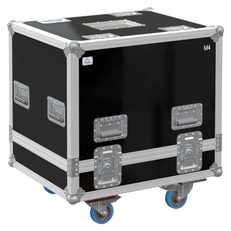 Front view of the professional twin touring flight case for 2x d&b audiotechnik M4 stage monitors by ALP Flight Cases