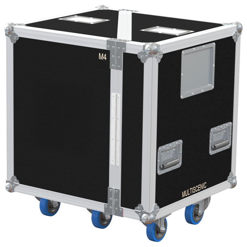 Rear view of the road case for d&b M4 showing heavy-duty hardware and 10mm birch plywood construction