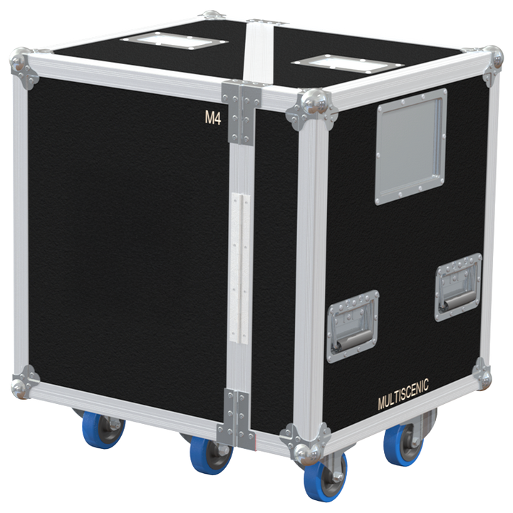Rear view of the road case for d&b M4 showing heavy-duty hardware and 10mm birch plywood construction