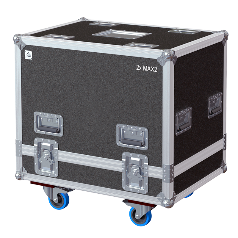 Front view of the professional twin touring flight case for 2x d&b audiotechnik MAX2 stage monitors by ALP Flight Cases