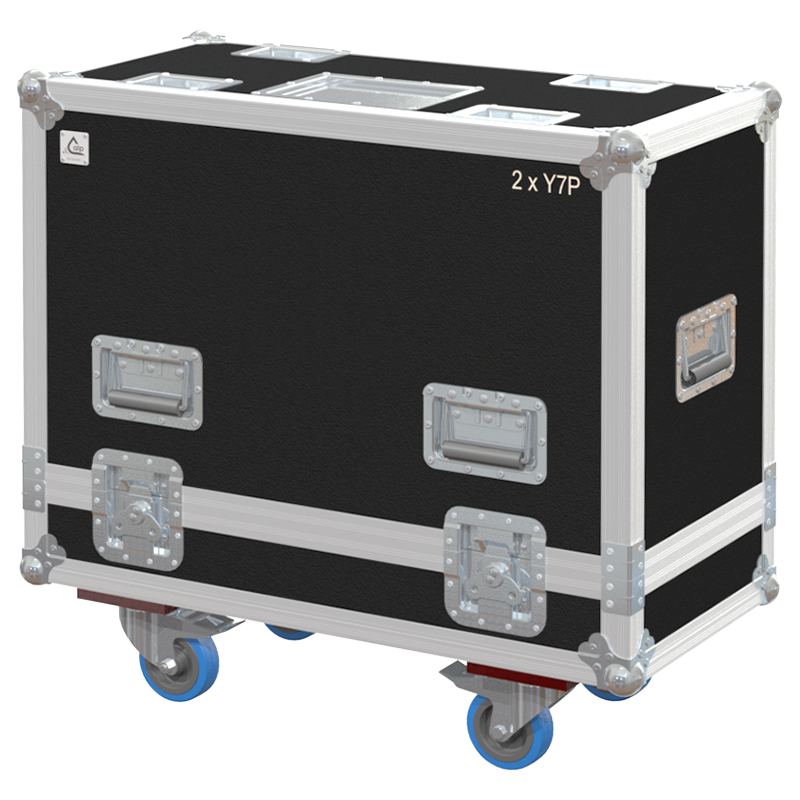 Front view of the professional touring flight case for 2x d&b audiotechnik Y7P speakers and rigging frames by ALP Flight Cases