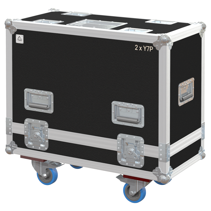 Front view of the professional touring flight case for 2x d&b audiotechnik Y7P speakers and rigging frames by ALP Flight Cases