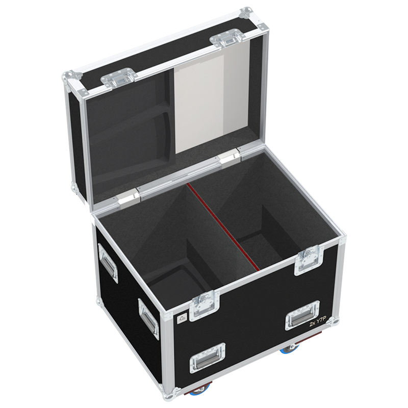 Empty interior of the flight case for 2x d&b Y7P showing precision CNC-cut foam for high-density audio protection