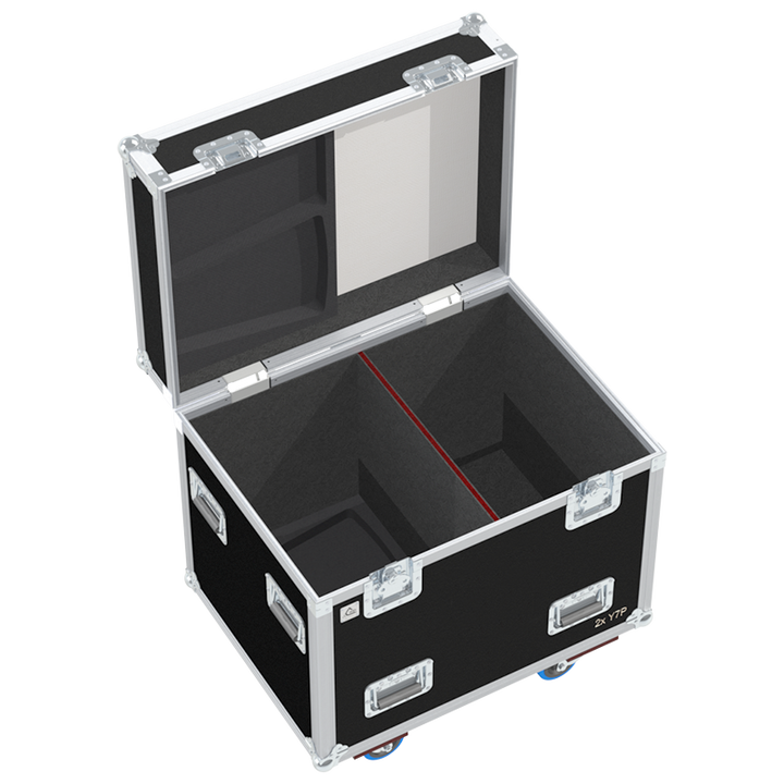 Empty interior of the flight case for 2x d&b Y7P showing precision CNC-cut foam for high-density audio protection