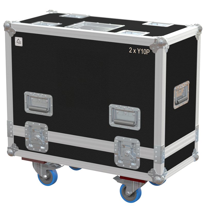 Front view of the professional twin touring flight case for 2x d&b audiotechnik Y7P or Y10P speakers and flybars by ALP Flight Cases