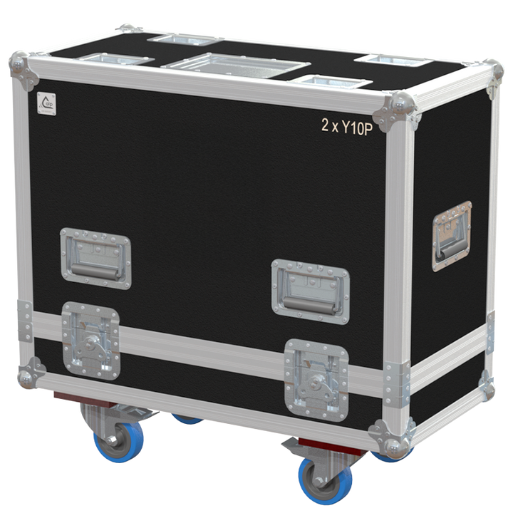 Front view of the professional twin touring flight case for 2x d&b audiotechnik Y7P or Y10P speakers and flybars by ALP Flight Cases